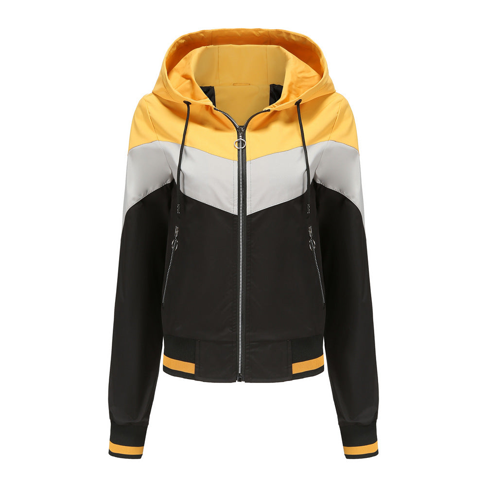Women's Lightweight Hooded Bomber Jacket with Printed Colour Block Design and Relaxed Fit – Casual Zip-Up Sports Outerwear with Drawstring Hood and Zipped Pockets for Spring and Autumn Everyday Streetwear