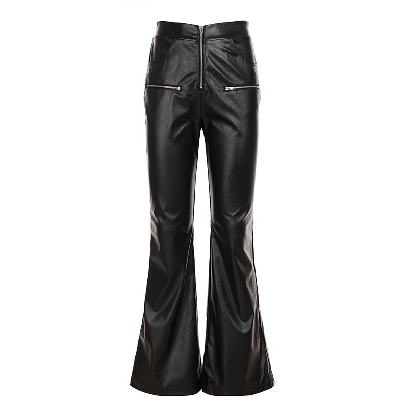 Women's High-Waist Flared Trousers with Zipper Detail