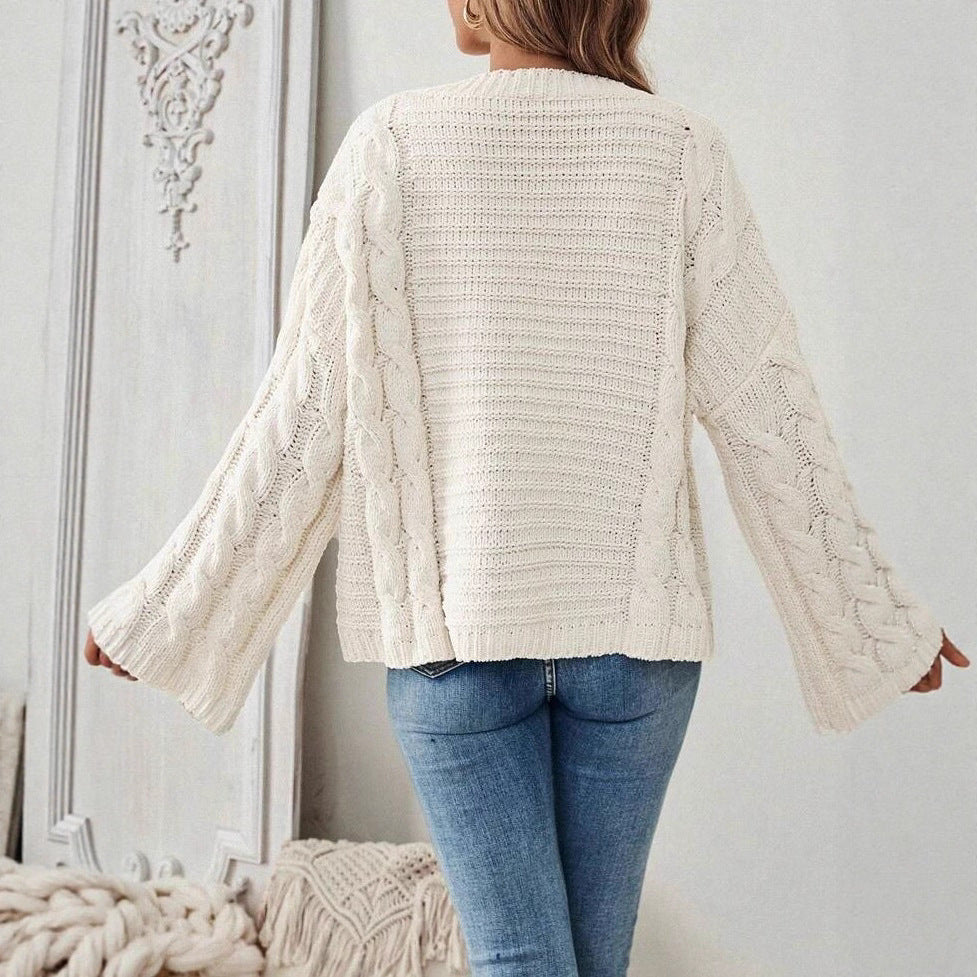 Women's Cable Knit Jumper Round Neck Wide Sleeve