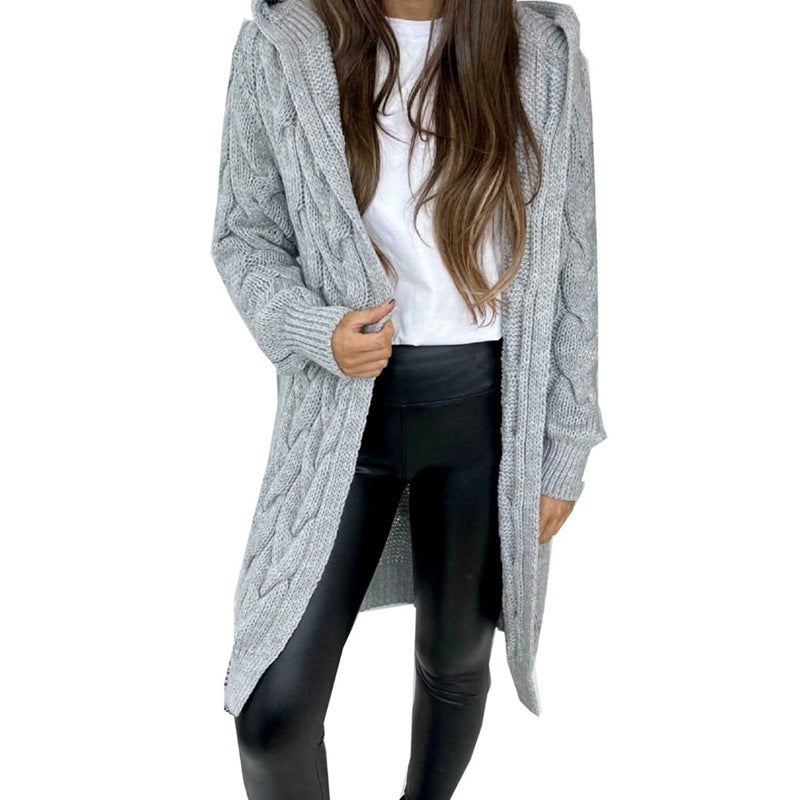 Women's Cable Knit Hooded Cardigan | Long Line Open Front