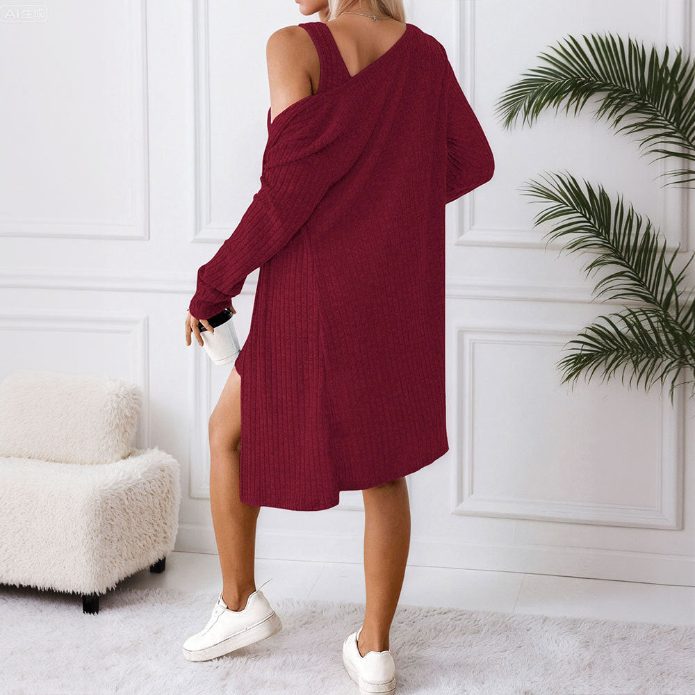 Women's Textured Knit Henley Dress with Open Cardigan