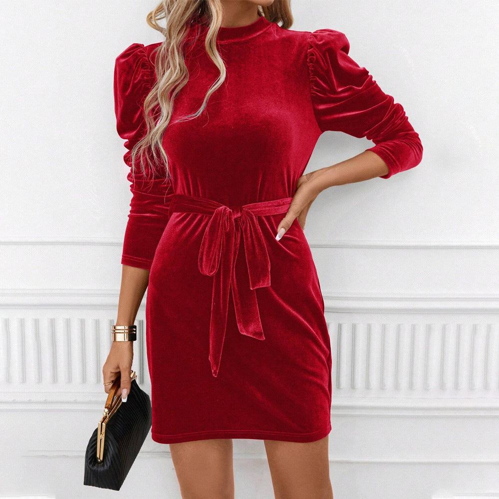 Women's Puff Sleeve Velvet Mini Dress with Tie Belt