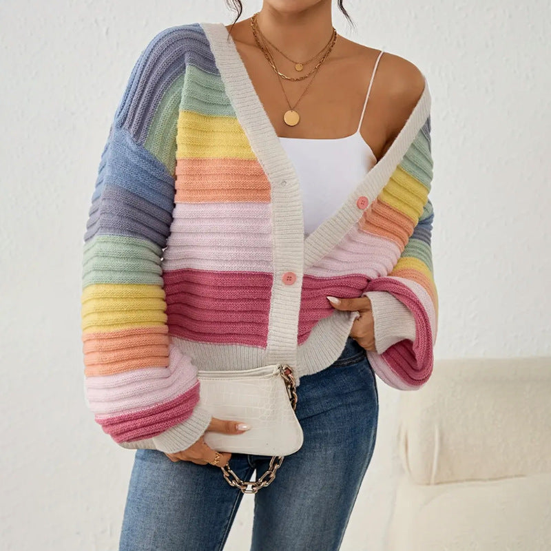 Women’s Oversized Ribbed Knit Cardigan with V-Neck and Button Front – Soft Warm Layer for Autumn and Winter