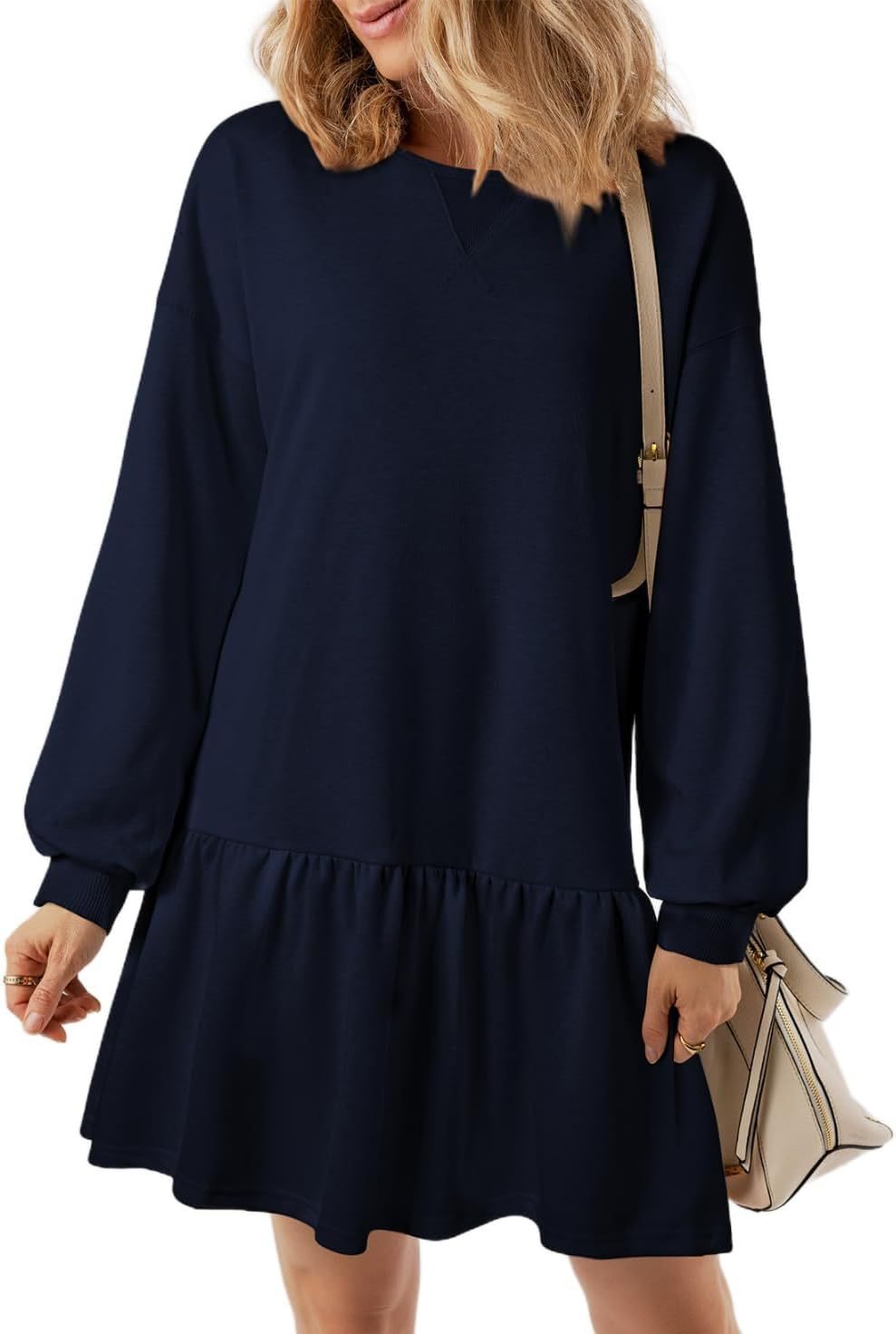 Women's Drop-Waist Sweatshirt Dress Long Sleeve V-Neck