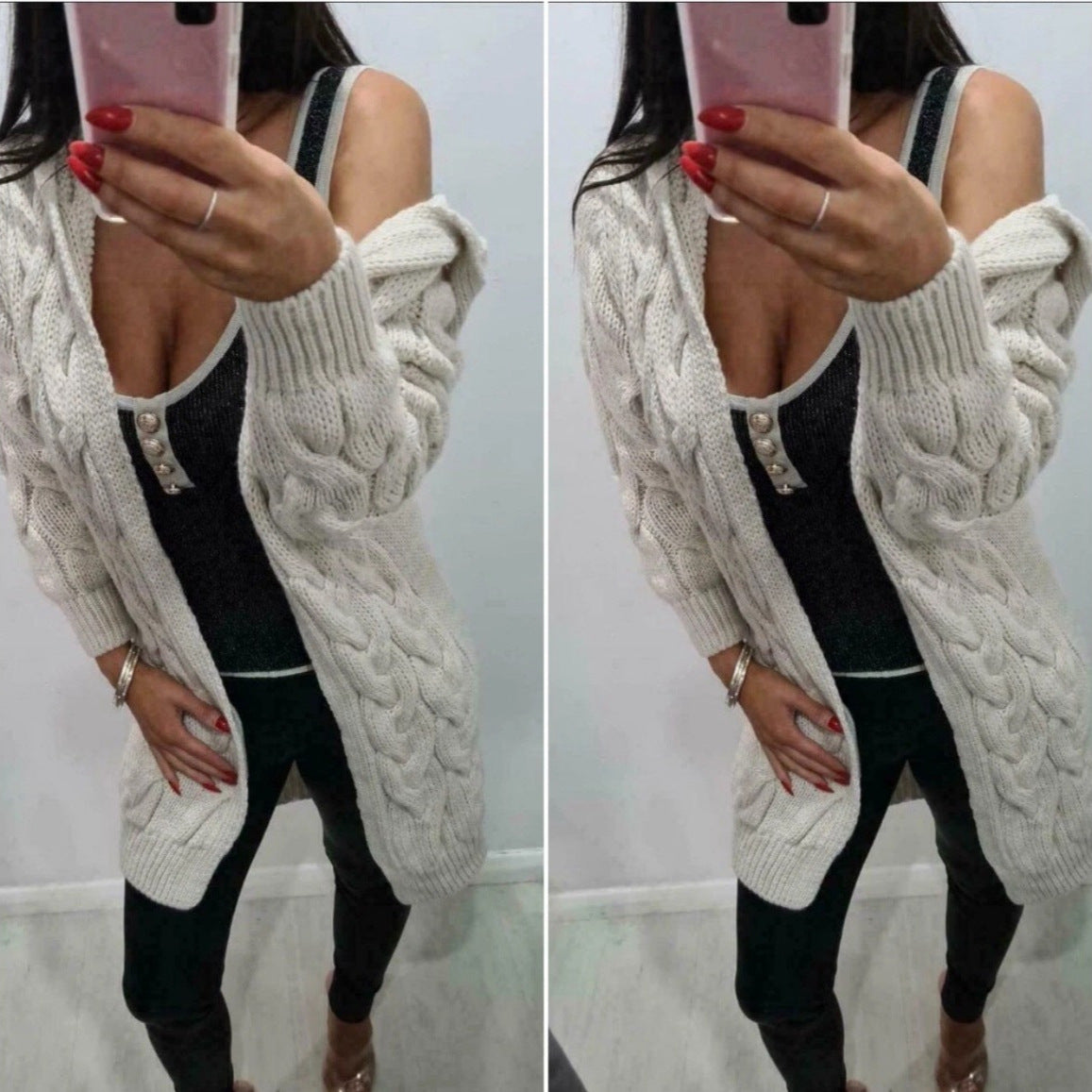 Women's Cable Knit Hooded Cardigan | Long Line Open Front
