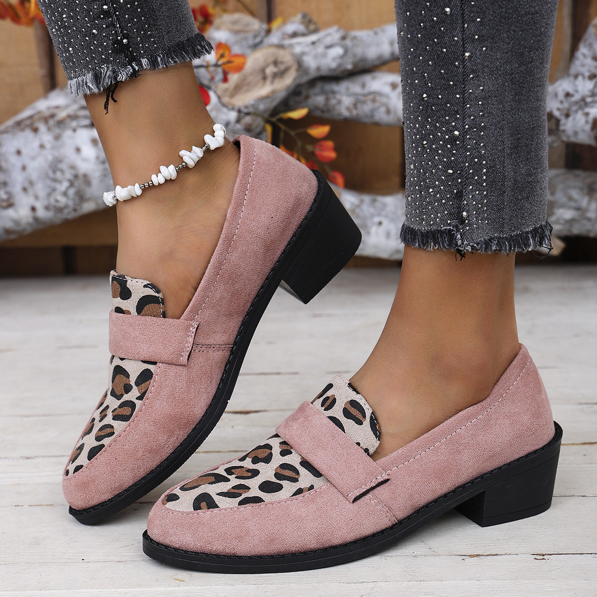 Women's Leopard Print Loafers with Block Heel