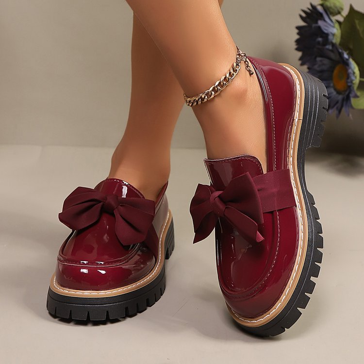 Women's Patent Loafers with Chunky Sole and Bow Detail