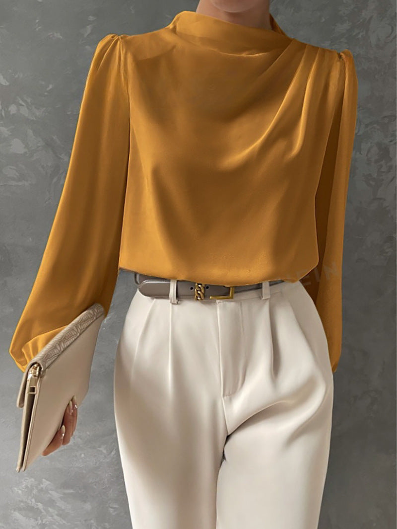 Women's Draped Long-Sleeve Blouse with Gathered Neckline