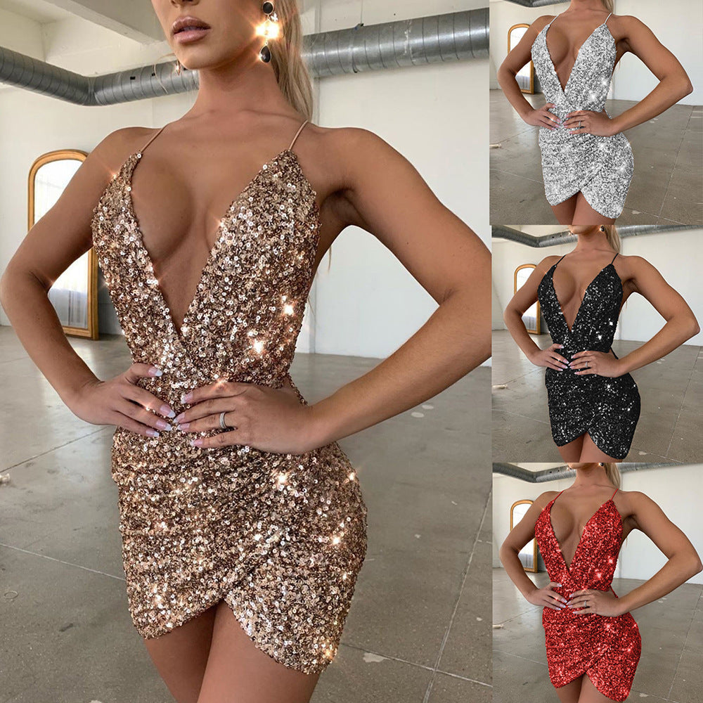 Women's Sequin Deep V-Neck Mini Dress with Wrap Skirt