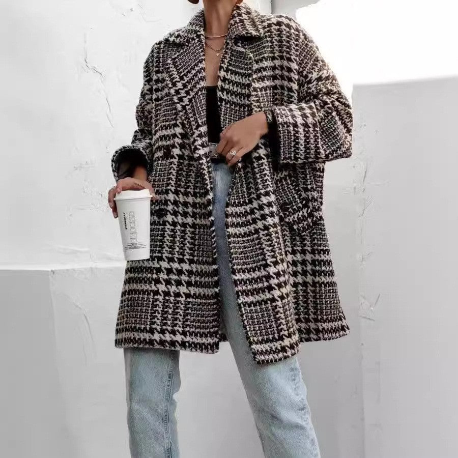 Women's Oversized Houndstooth Coat Knee-Length Open Front