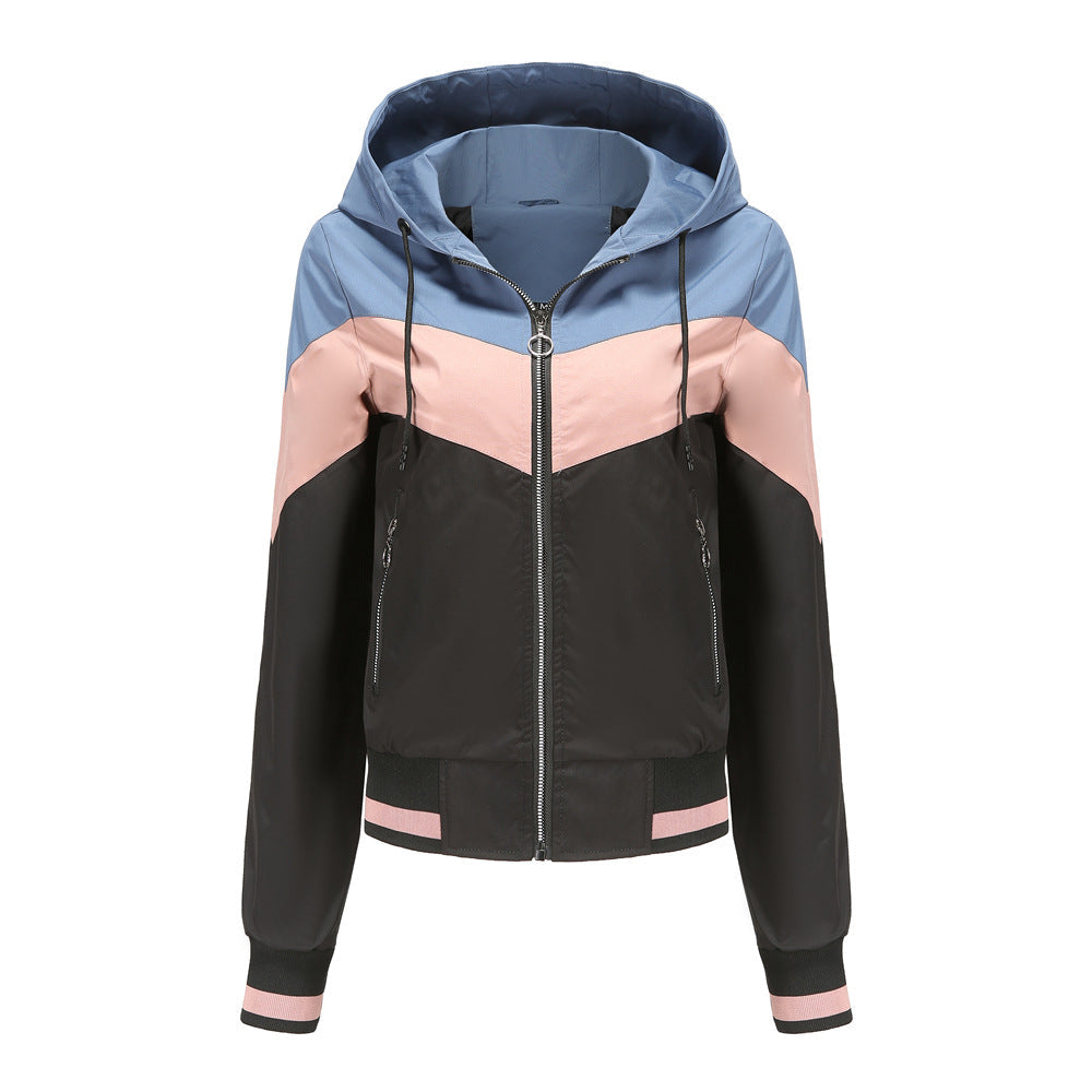 Women's Lightweight Hooded Bomber Jacket with Printed Colour Block Design and Relaxed Fit – Casual Zip-Up Sports Outerwear with Drawstring Hood and Zipped Pockets for Spring and Autumn Everyday Streetwear