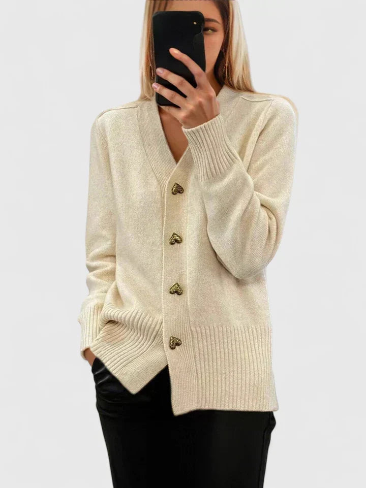 Saffron | Cashmere-Feel V-Neck Heart Button Detail Cardigan