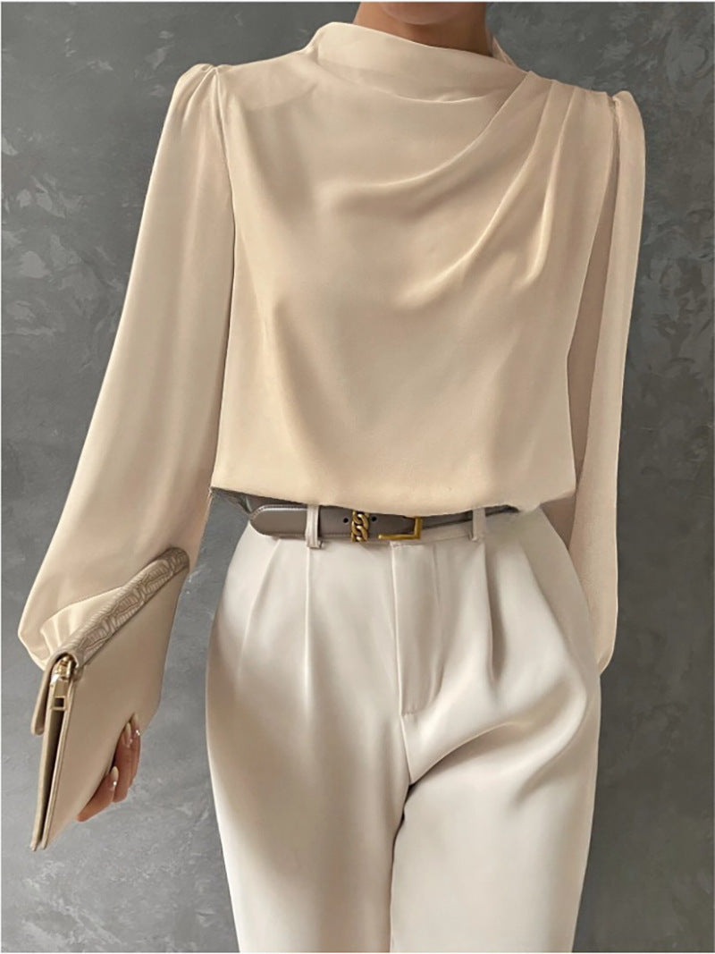 Women's Draped Long-Sleeve Blouse with Gathered Neckline