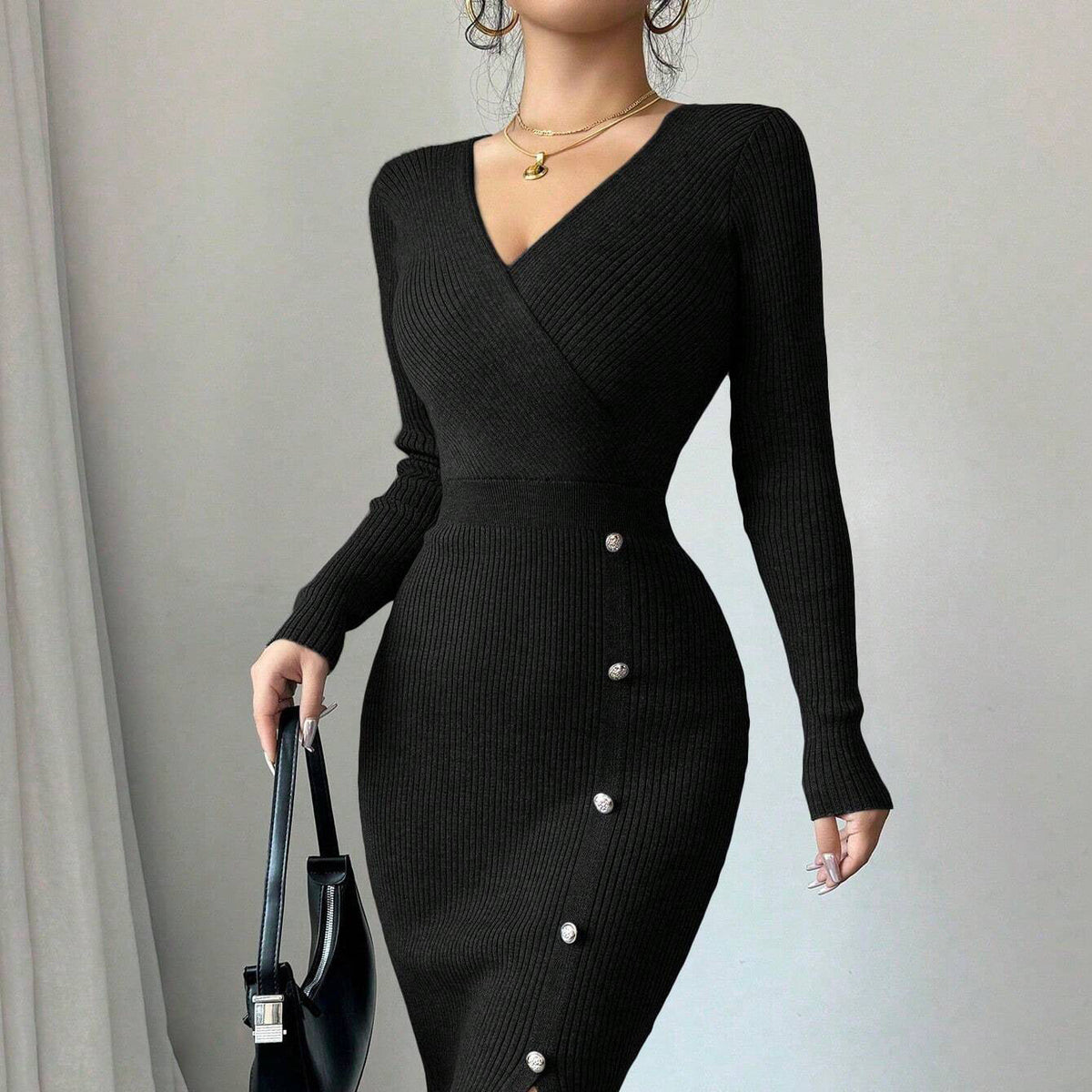 Women's Ribbed Wrap-Style Midi Dress with Button Detail