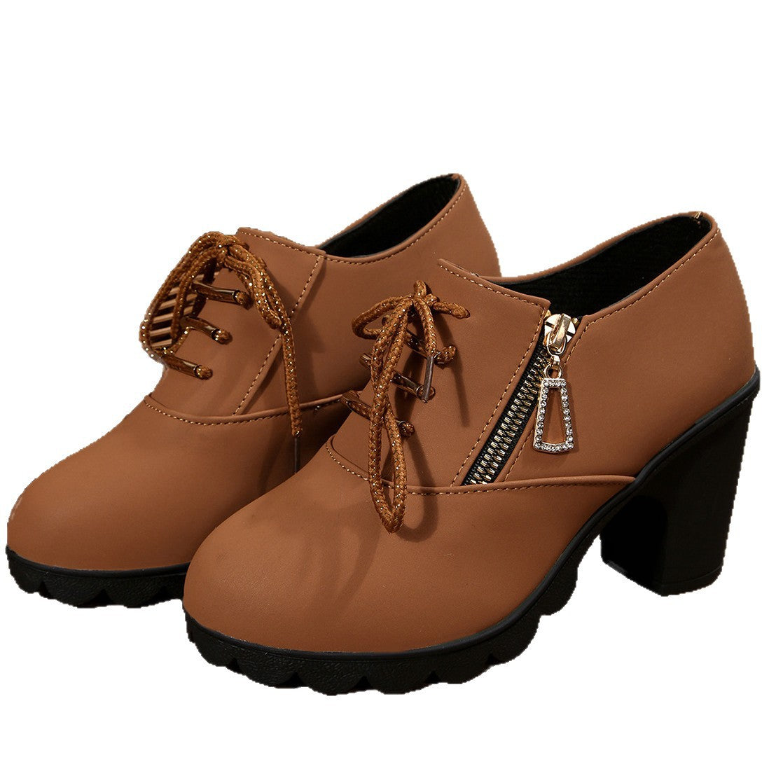 Women's Block Heel Ankle Boots Lace-Up with Side Zip