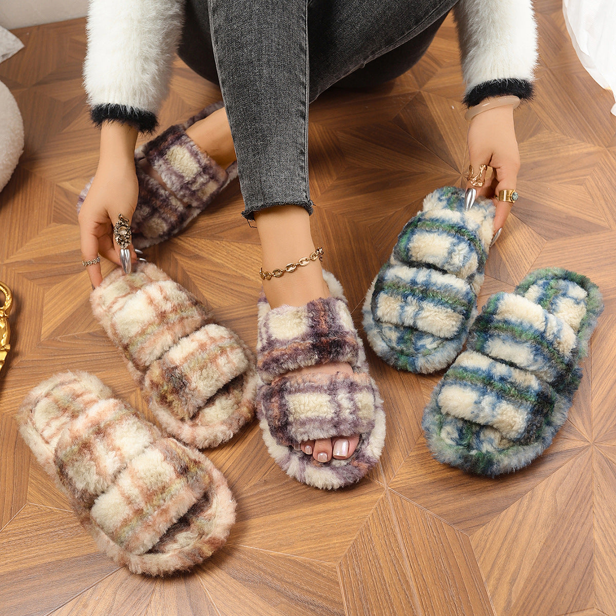Women's Fluffy Double Strap Slippers Open Toe