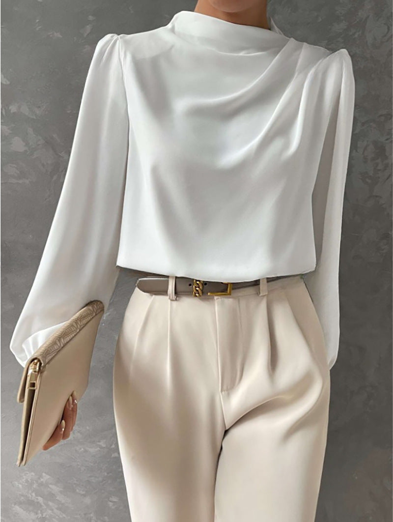 Women's Draped Long-Sleeve Blouse with Gathered Neckline