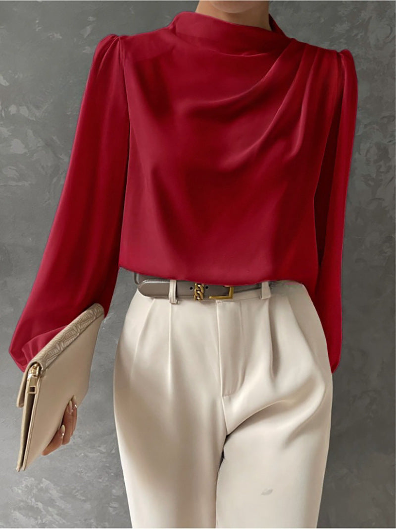 Women's Draped Long-Sleeve Blouse with Gathered Neckline