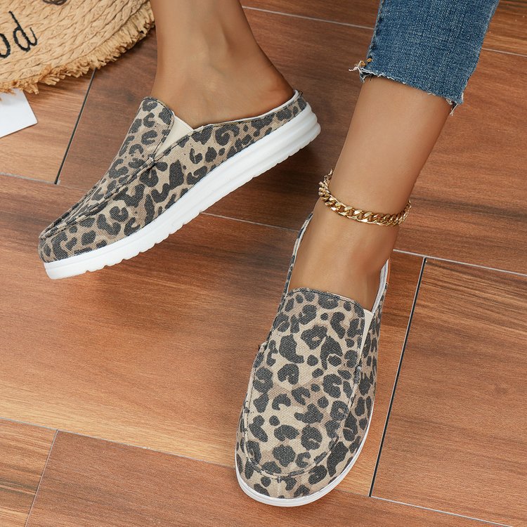 Women's Leopard Print Canvas Slip-On Mules with Cushioned Footbed