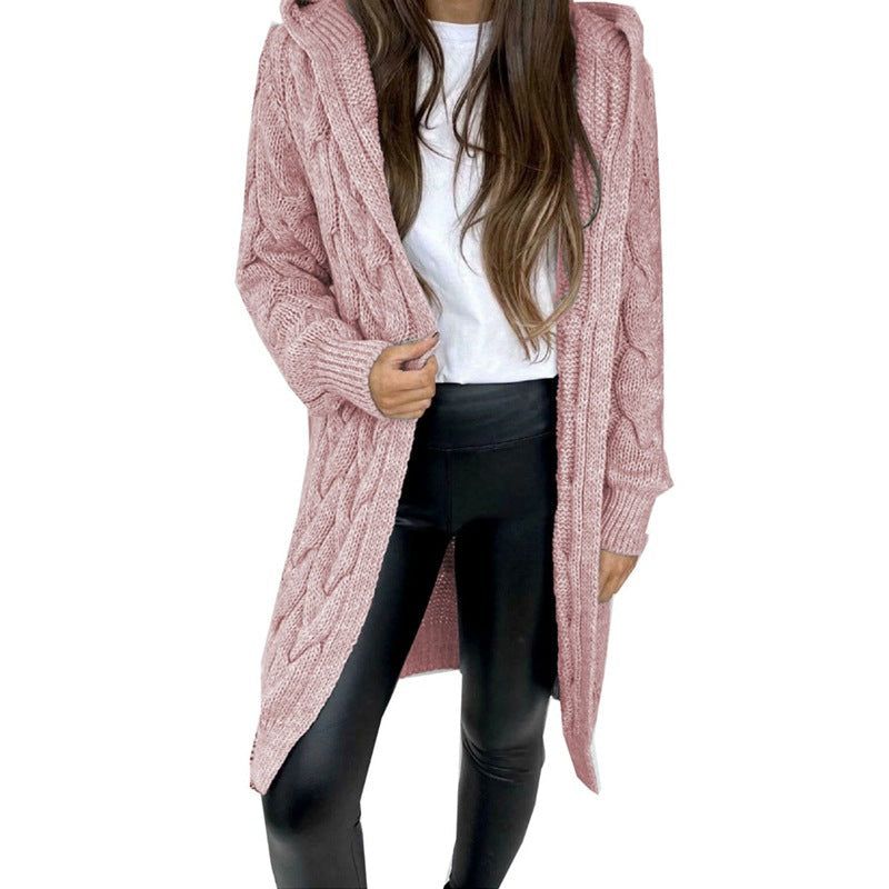 Women's Cable Knit Hooded Cardigan | Long Line Open Front