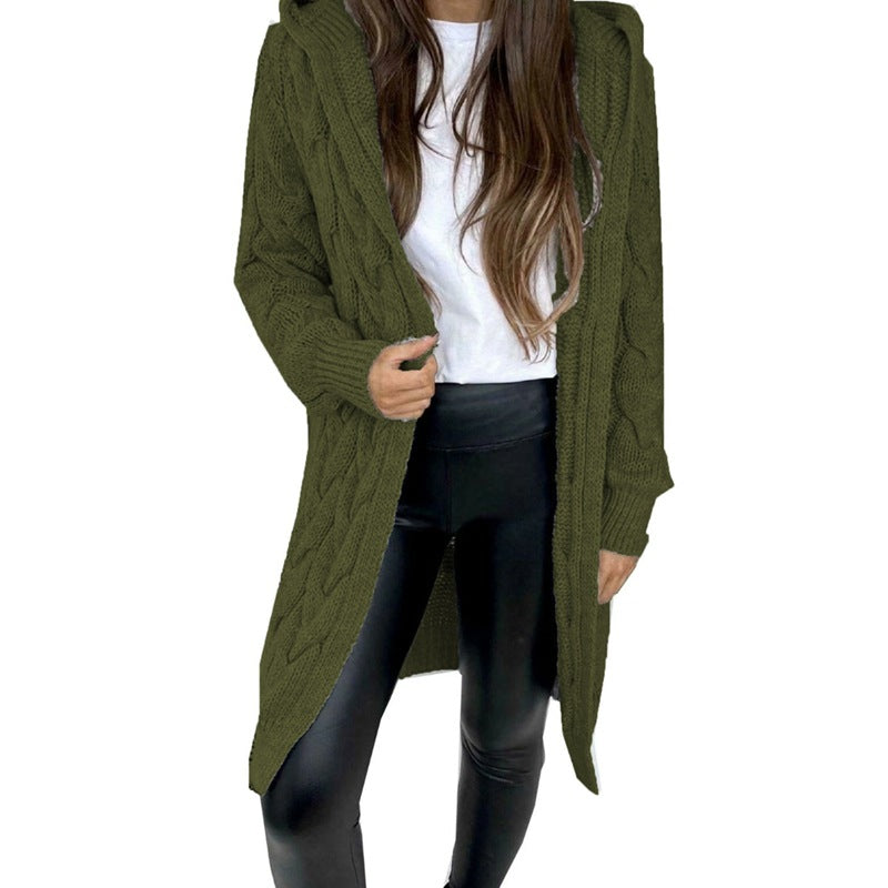 Women's Cable Knit Hooded Cardigan | Long Line Open Front