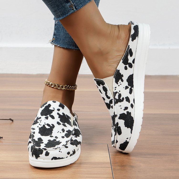 Women's Leopard Print Canvas Slip-On Mules with Cushioned Footbed