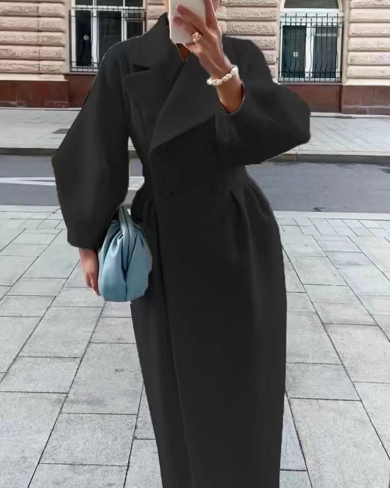 Women's Elegant Long Wool Winter Coat with Double-Breasted Button Front and Wide Notched Lapels – Tailored Fitted Waist Maxi Overcoat with Statement Sleeves for Sophisticated Office Wear and Formal Autumn Winter Styling