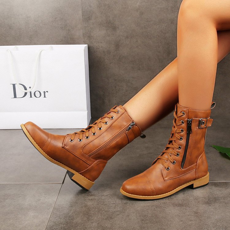Women's Lace-Up Mid-Calf Boots with Side Zip Closure