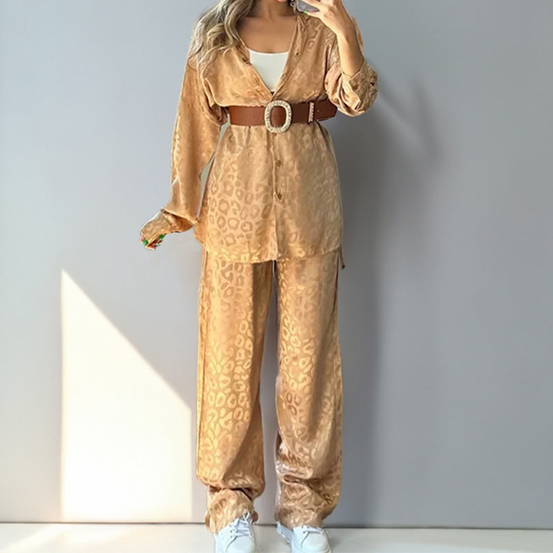 Women's Leopard Print Co-Ord Set Shirt and Wide Leg Trousers