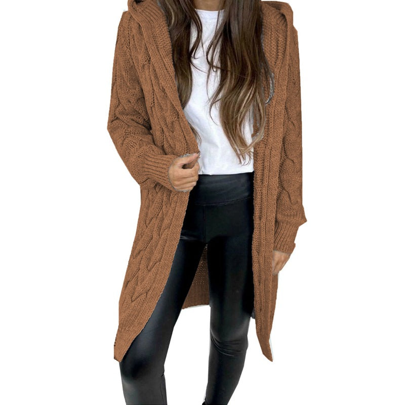Women's Cable Knit Hooded Cardigan | Long Line Open Front