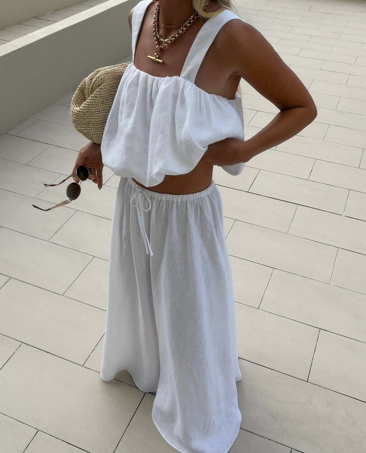 Women's Lightweight Two-Piece Summer Trouser Set – Square Neck Gathered Crop Top and Wide Leg Drawstring Trousers for Casual Holiday Wear