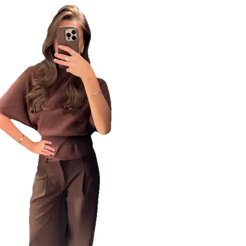 Women's Trouser Suit Set Wide Sleeve Top Slim Trousers
