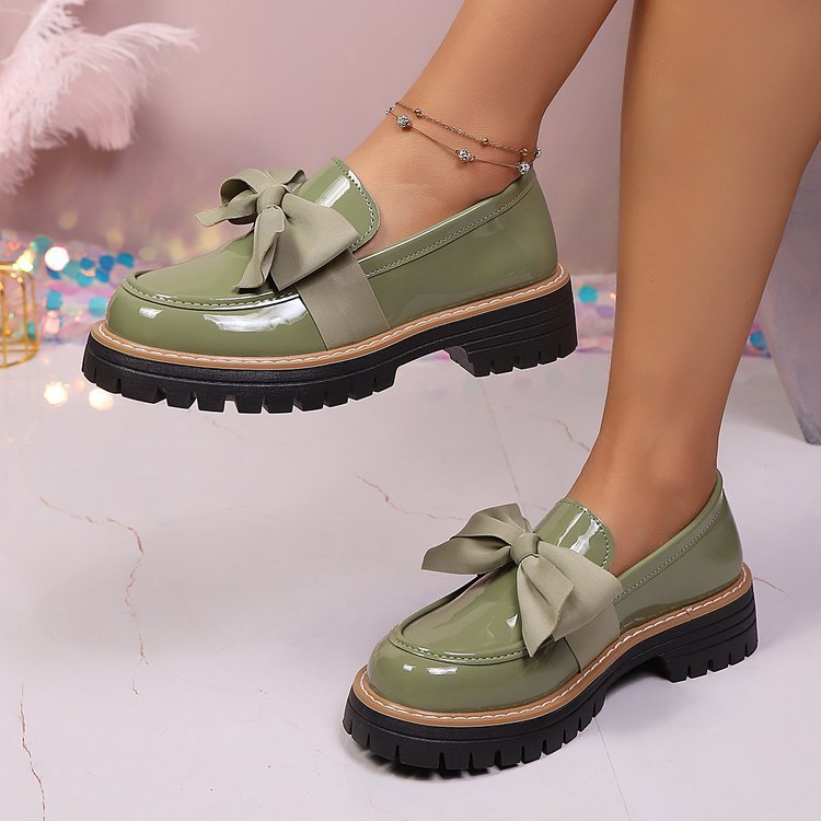 Women's Patent Loafers with Chunky Sole and Bow Detail