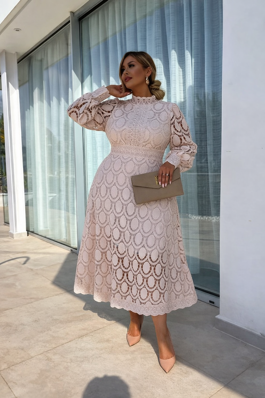 Women’s High Neck Lace Midi Dress with Long Sleeves