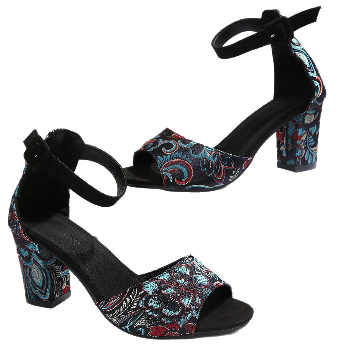 Women's Embroidered Block Heel Mules with Ankle Strap