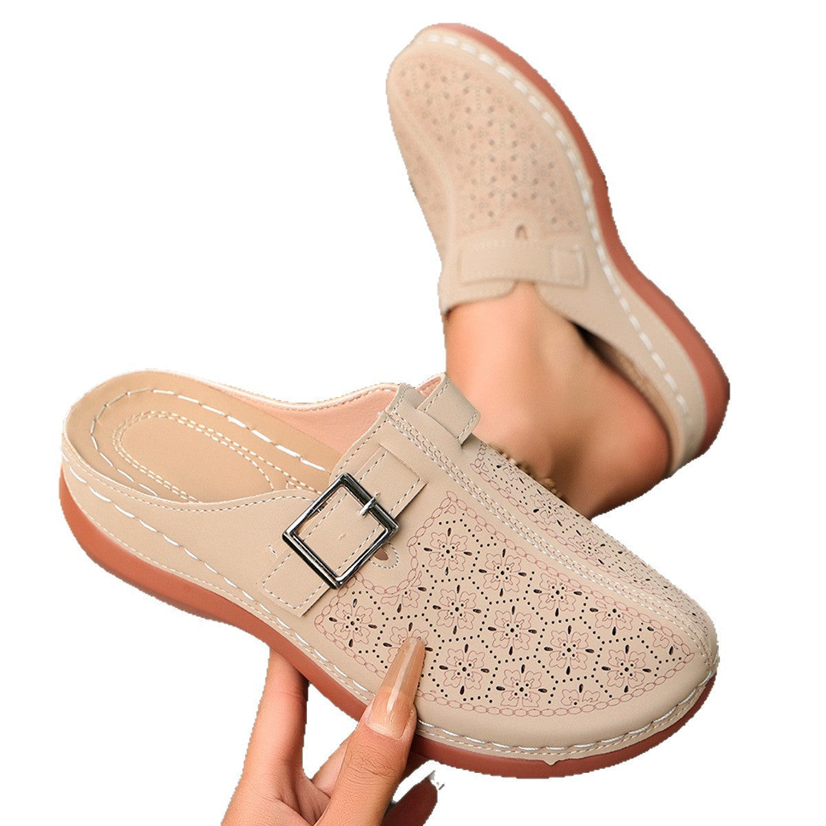 Women's Perforated Slip-On Mules with Buckle Strap