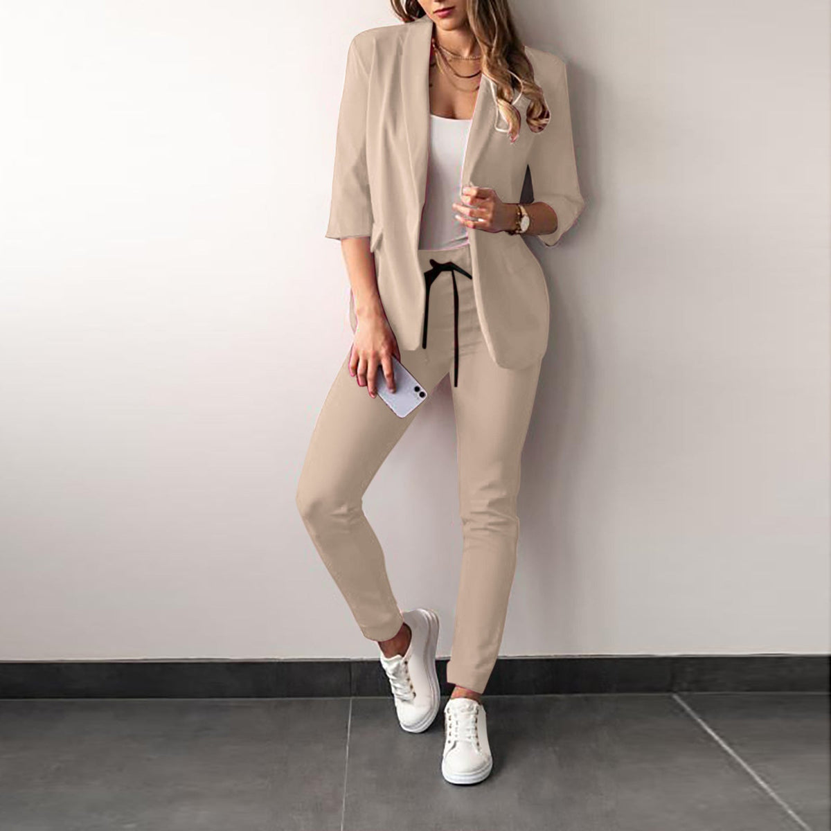 Women's Tailored Blazer Trousers Set with Open Front