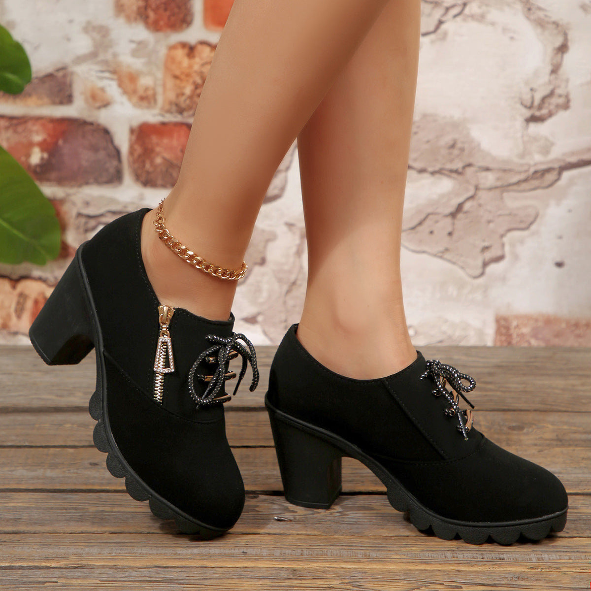 Women's Block Heel Ankle Boots Lace-Up with Side Zip