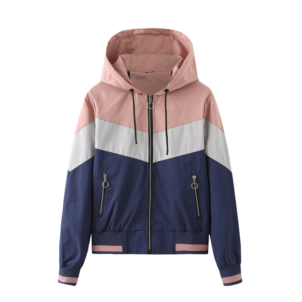 Women's Lightweight Hooded Bomber Jacket with Printed Colour Block Design and Relaxed Fit – Casual Zip-Up Sports Outerwear with Drawstring Hood and Zipped Pockets for Spring and Autumn Everyday Streetwear
