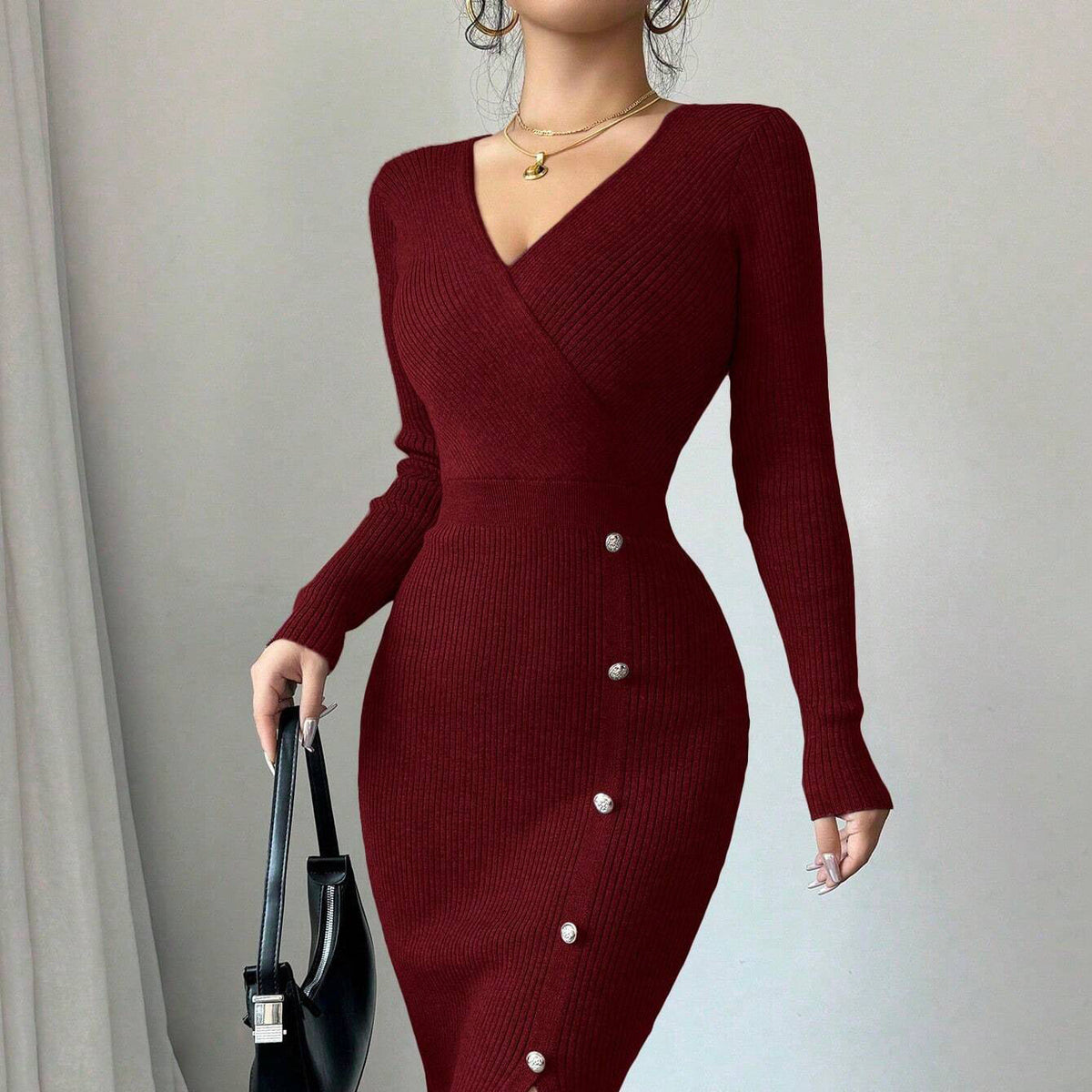 Women's Ribbed Wrap-Style Midi Dress with Button Detail