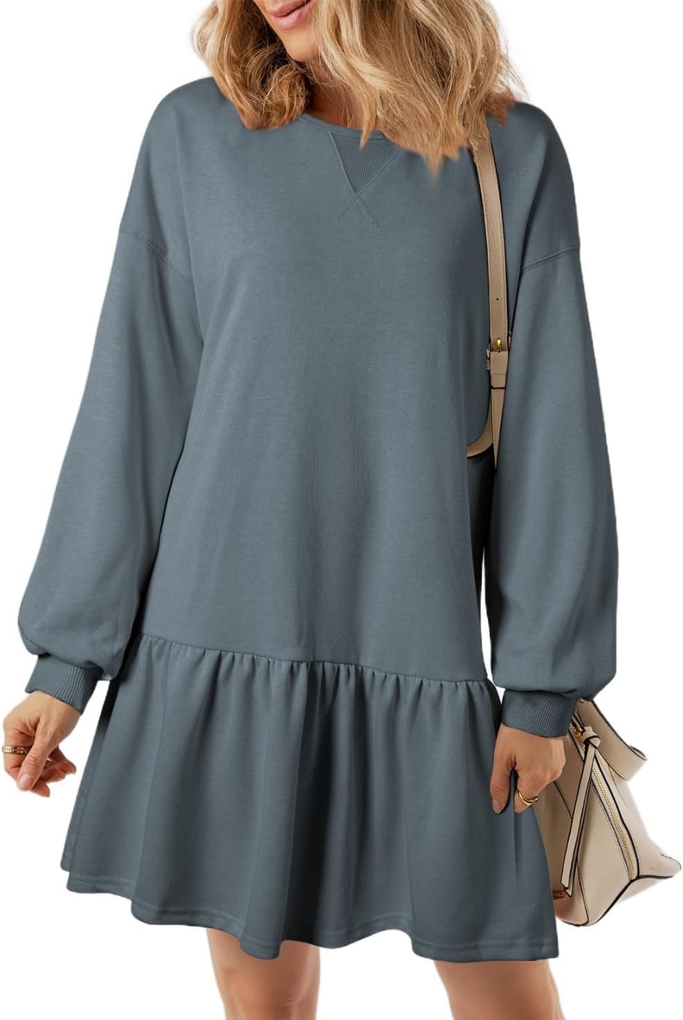 Women's Drop-Waist Sweatshirt Dress Long Sleeve V-Neck
