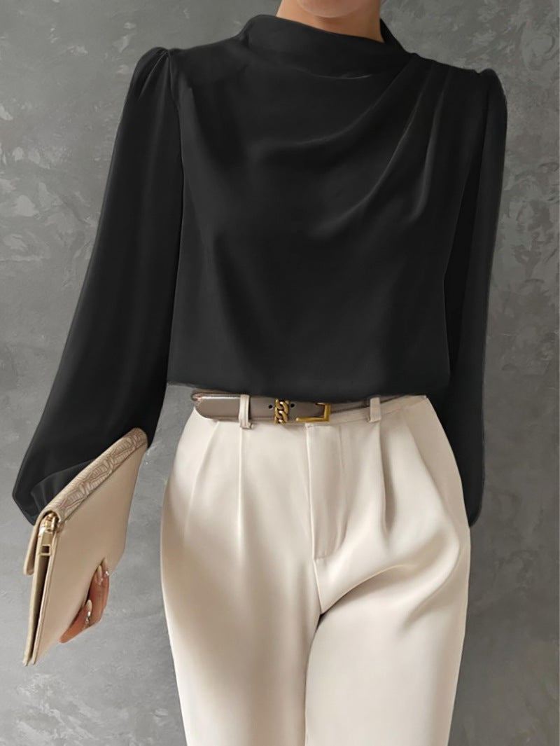 Women's Draped Long-Sleeve Blouse with Gathered Neckline