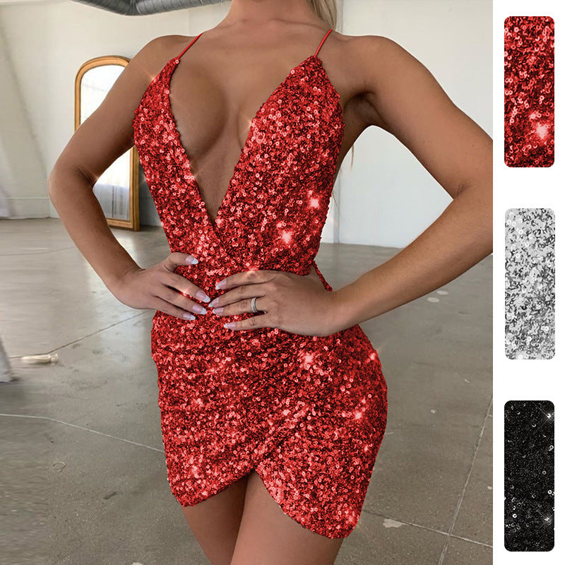 Women's Sequin Deep V-Neck Mini Dress with Wrap Skirt