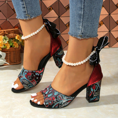 Women's Embroidered Block Heel Mules with Ankle Strap