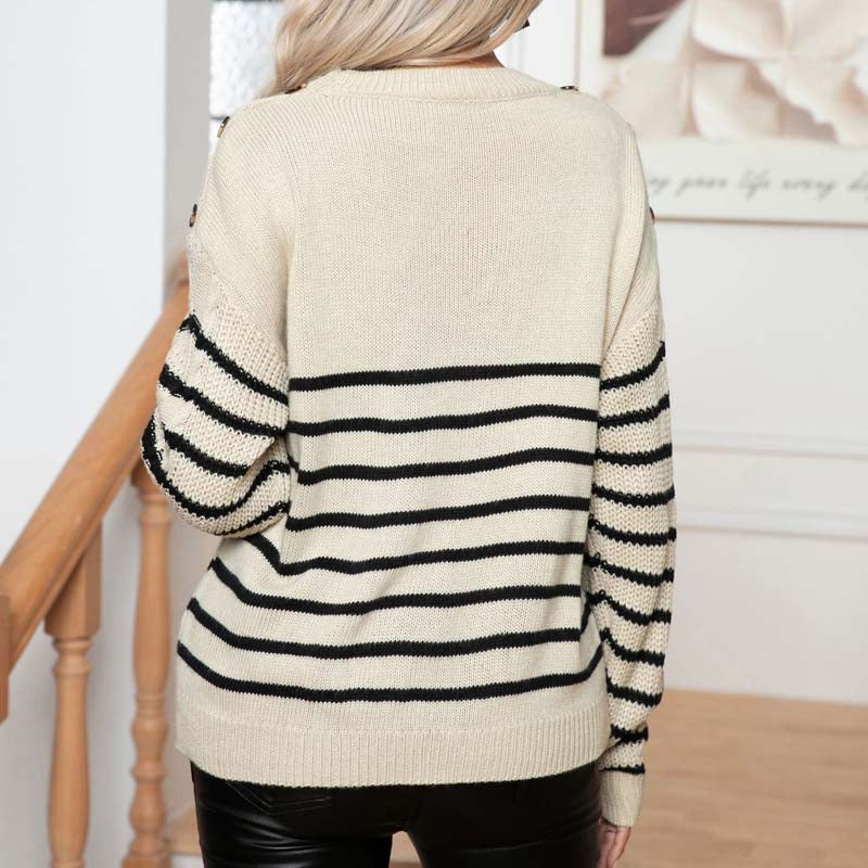 Women's Striped Cable-Knit Jumper with Button Detail
