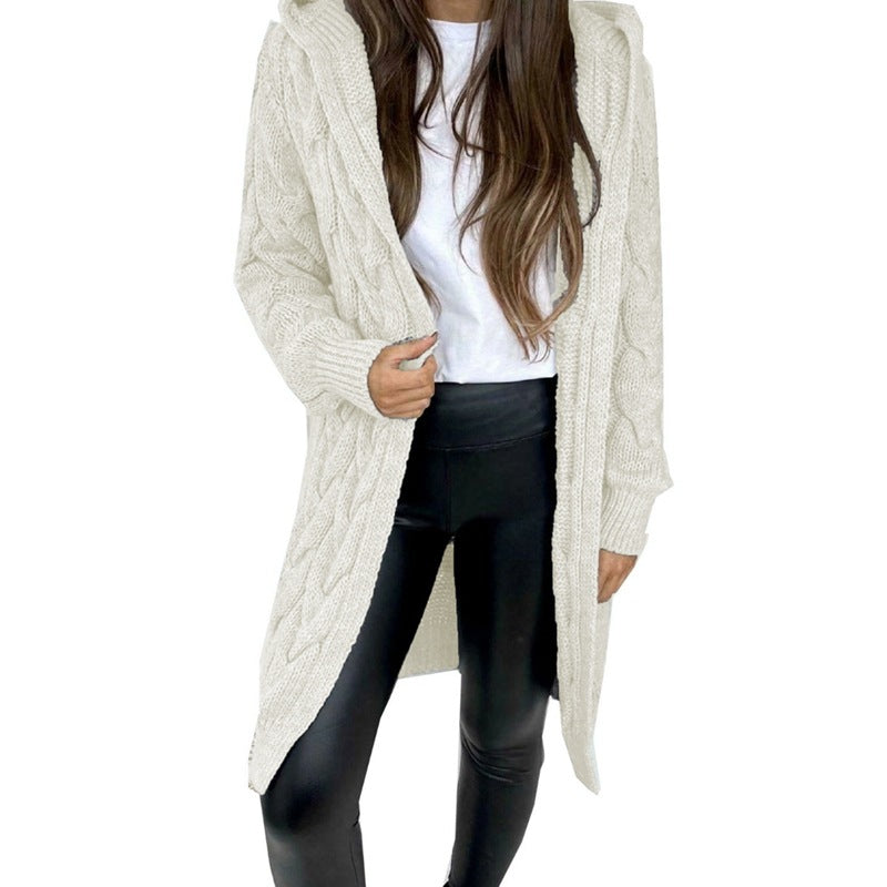 Women's Cable Knit Hooded Cardigan | Long Line Open Front