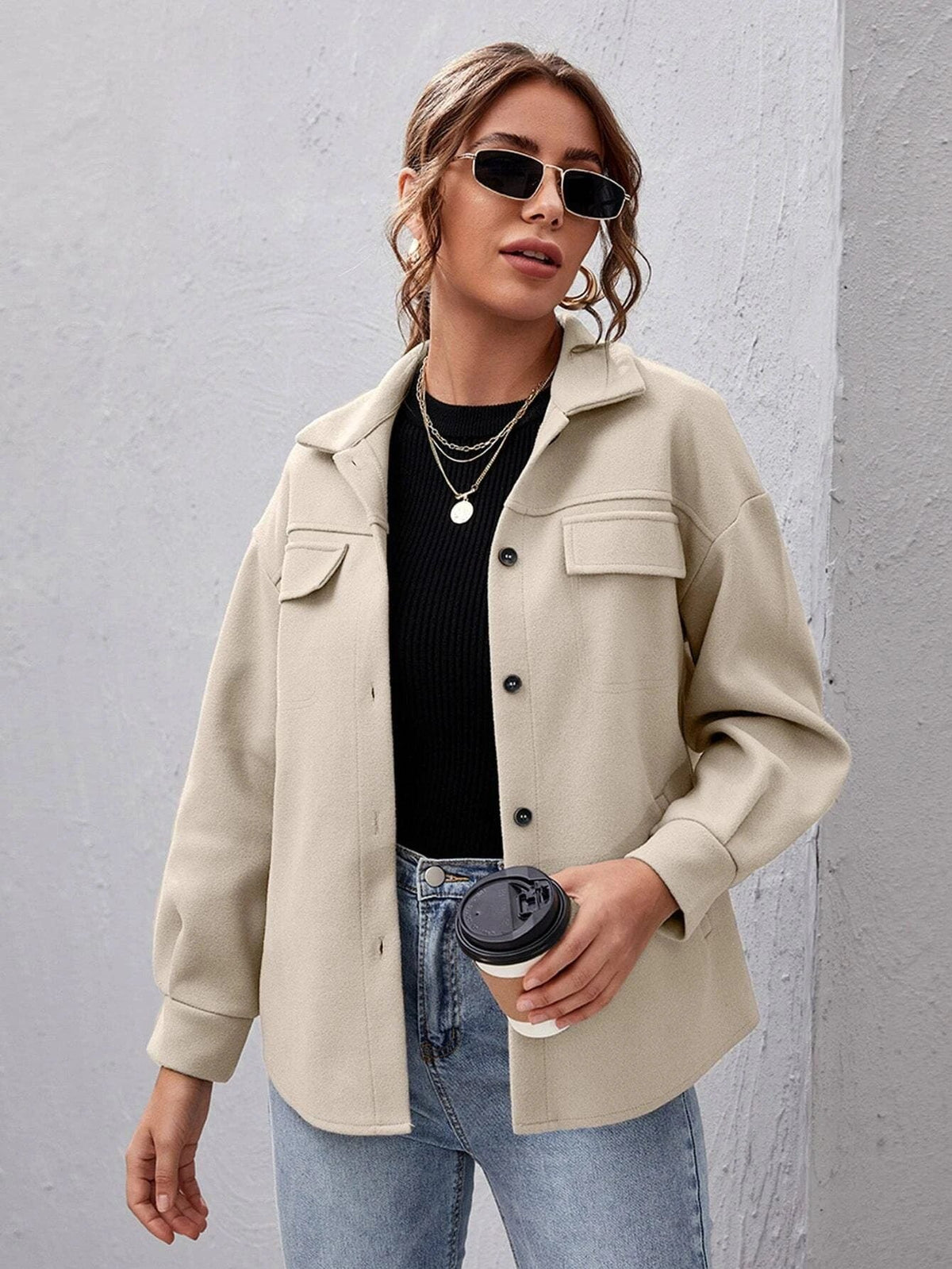Women's Oversized Shirt Jacket with Collar and Pocket Detail