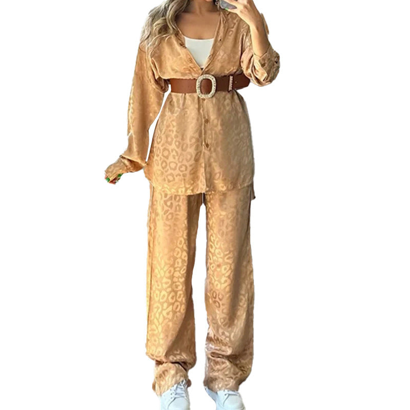 Women's Leopard Print Co-Ord Set Shirt and Wide Leg Trousers