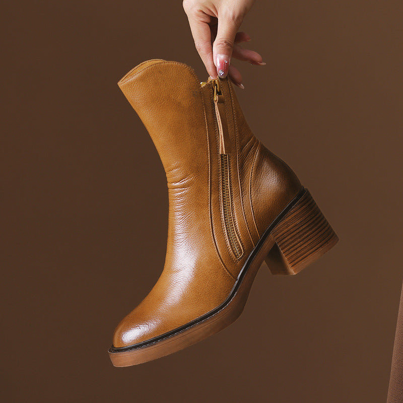 Women's Block Heel Ankle Boots | Tan Leather Finish