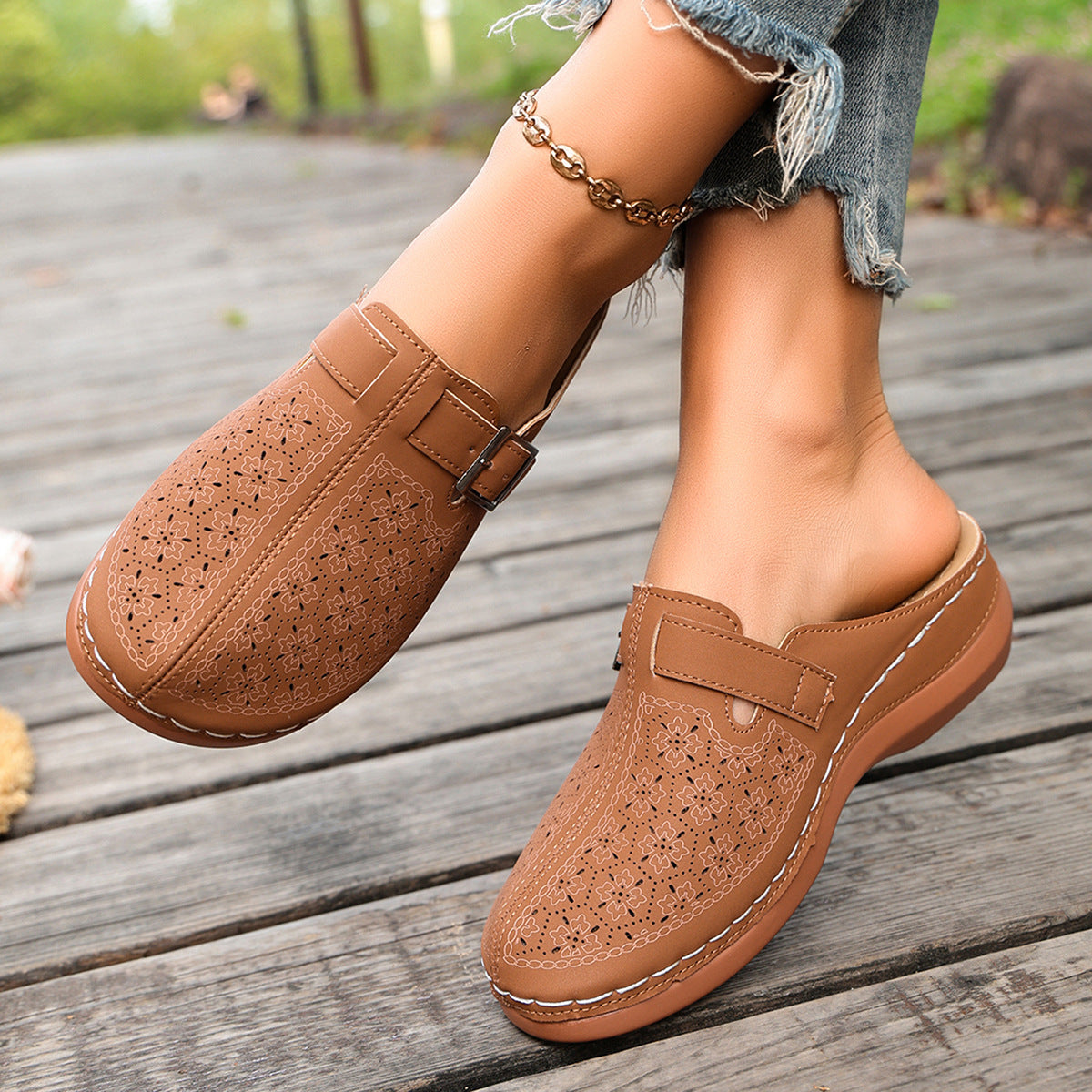 Women's Perforated Slip-On Mules with Buckle Strap